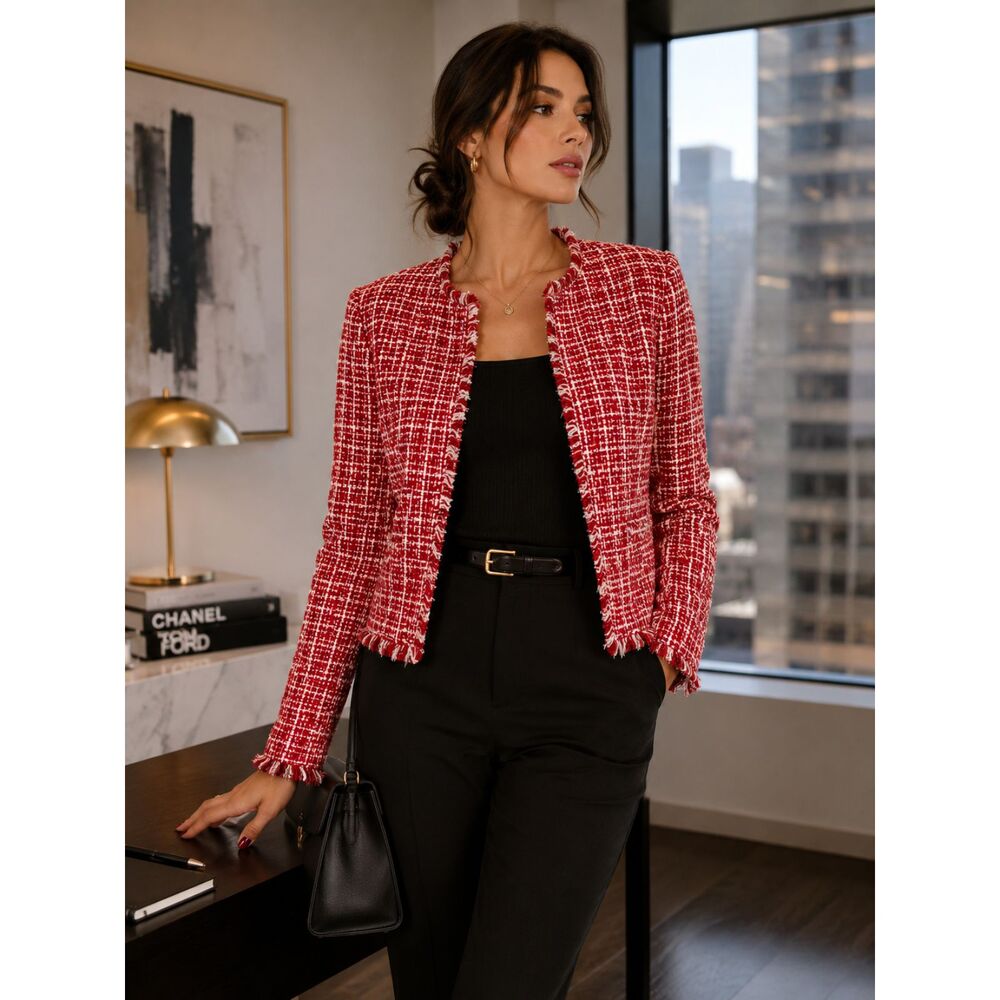 WDNY Red White Tweed Lady Jacket Size 6 Fringe Office Siren Blazer NWT